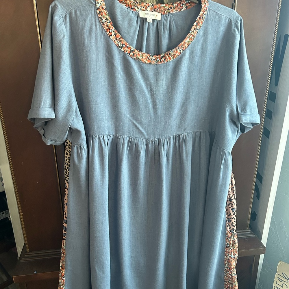 Umgee Denim Blue Dress with Floral Accent neckline and Party in back !